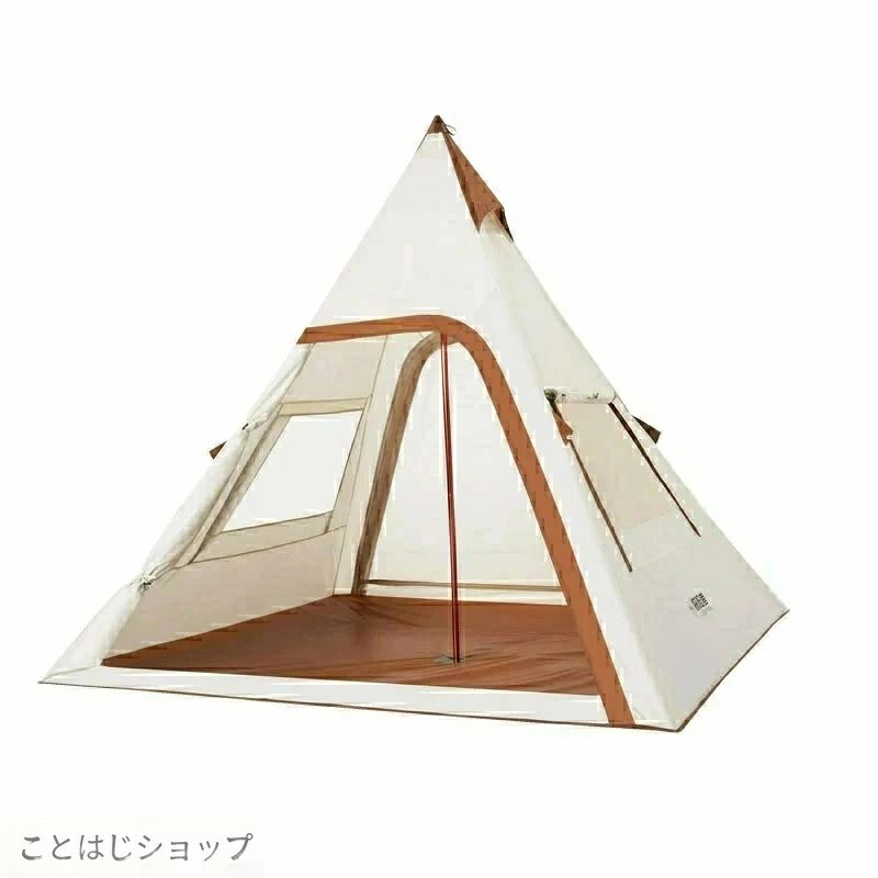 商品情報 商品名 テント サイズ 230*230*220CM 重量 約6KG 商品特徴 セット内容 ペグ×8本、本体収納ケース、固定ロープ*4本 材質 生地：ポリエステル 骨組み：スチール 商品状態 新品、未使用。 ご注意 商品の色は、ご使用のモニターによっては実際の色と異なる場合がございますので、予め御了承く ださい。 【ワンポールテント】 ナチュラルカラーに囲まれて 自由なコーディネートを楽しむ！ 【ゆったりした空間】 大人3-4人収容可能。 天井が高くて、ゆとりのある空間を実現した。 【強度に優れたスチールポール】 スチールを採用するメインポール。 耐久性が高く、安心感がある。 紫外線を防ぐ最高水準のUVカット生地 紫外線保護指数：UPF50+ UVカット率：95％ 【耐水圧3000mm】 天候変化心配なく、耐水圧3000mm うちのワンポールテント：約3000mm 【全面メッシュ仕様のインナーテント】 メッシュ仕様で、通気性も確保し、虫などを防ぐ。 ベンチレーションで通気性に富む 上部にベンチレーション付き、熱や湿気を排出し、空気の循環や結露の防止に役立つ。 【完全に閉める可能】 フルクローズで人目を回避、雨や風の侵入も防ぐ。 【両ドアを設置して、出入りが便利】 シートをくるくる巻いてから、簡単に固定できる。 内外両側から開け閉めできる。 【設置簡単】 フロアシートの中心が一目で分かるので、素早く正確に設営できる。