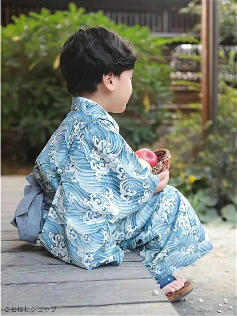 子供浴衣 セット 波柄 青海波 男の子 キッズ 男児 簡単着付け 帯 下駄 和柄 和服 ...