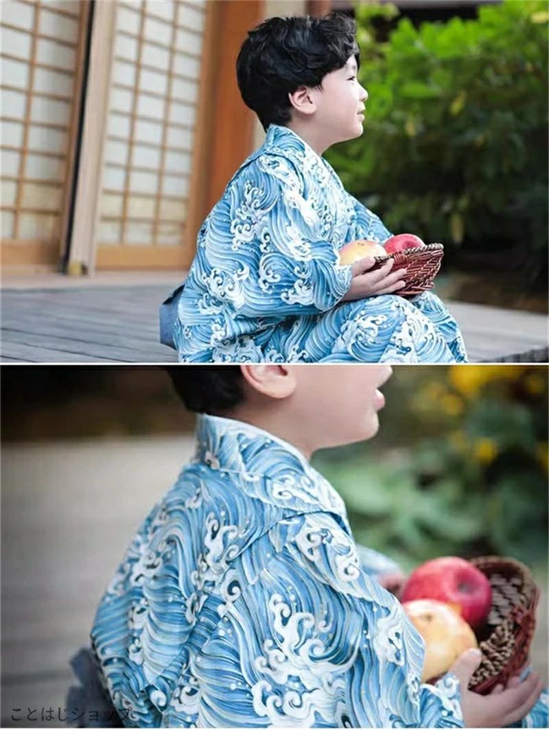 子供浴衣 セット 波柄 青海波 男の子 キッズ 男児 簡単着付け 帯 下駄 和柄 和服 ...