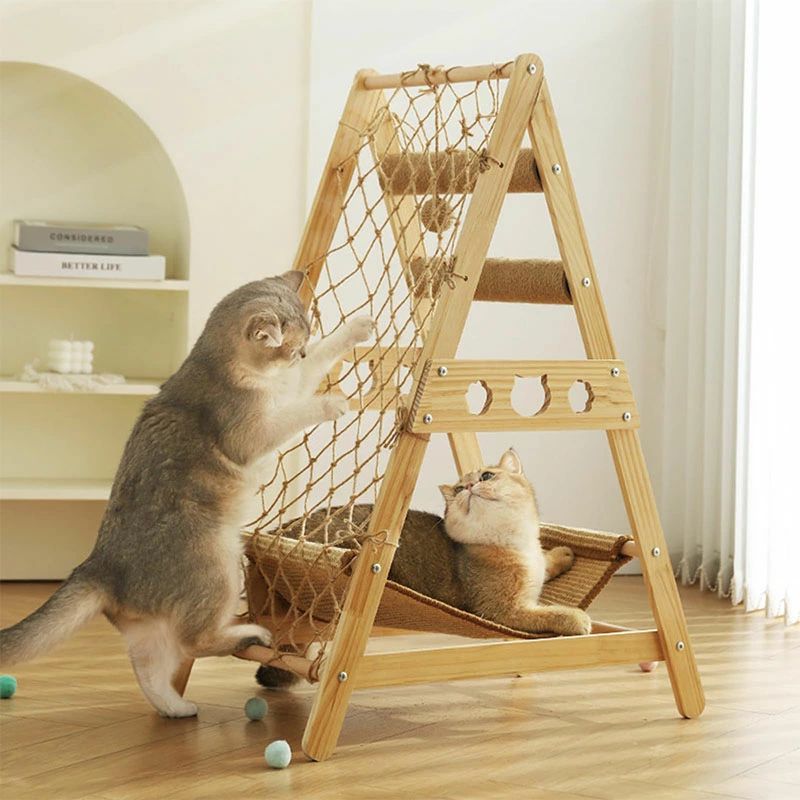 キャットタワー 木製 省スペース 麻紐 爪とぎ 多段ステップ 階段付き 猫ハウス ハンモック 猫ベッド 多頭飼い対応