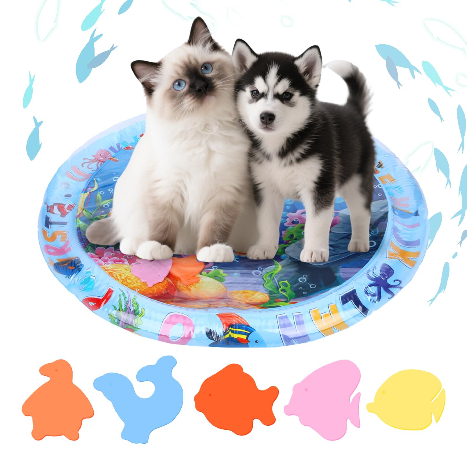 猫 ウォーターマット ひんやり センサーマット ペット用 猫用 犬用 水遊び 室内 インタラクティブ 玩具 暑さ対策 涼感 冷却マット 猫のおもちゃ ドルフィン 魚 知育玩具 運動不足解消 ストレス発散 清涼 ぷにぷに 夏用 爪切り付き 2 kingwa-10015056 kingwa パッケージ画像