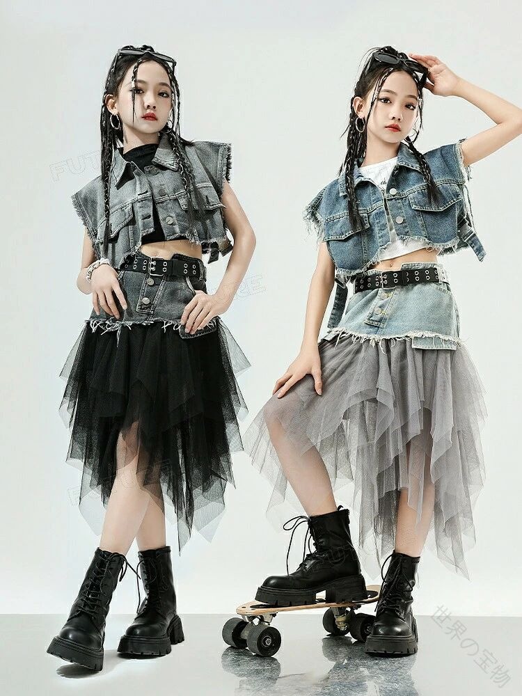 デニム k pop風 衣装 ベスト キッズダンス衣装 セットアップ 女の子 へそ出し トップス チュールスカート ベルト付 韓国 アイドル衣装 ヒップホップ ジャズ チアダンス チアガール 子