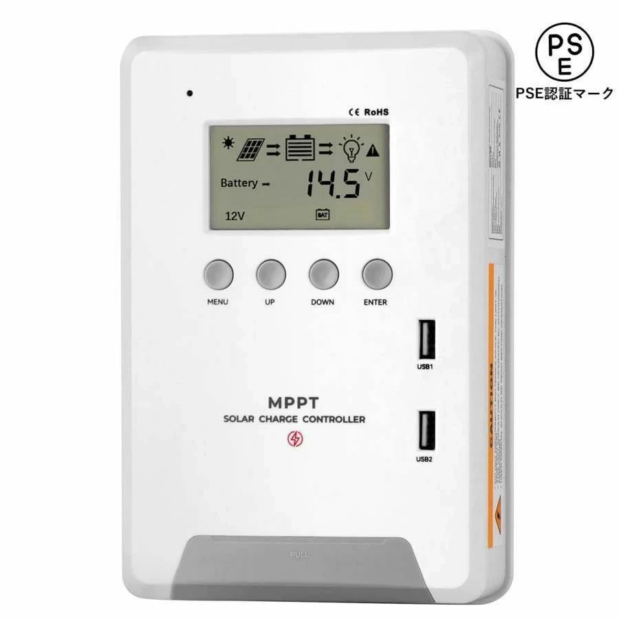 【効率的なMPPT技術】ソーラーコントローラ内蔵の高効率チップとMPPT技術により、太陽エネルギーシステムのエネルギー利用率を最大化。変換効率≧98％、各種バッテリーへの効率的な充電を確保する。 【回路保護機能】過負荷保護、過電流保護、逆接続保護、低電圧保護、逆極性保護、ショート回路保護など総合的な保護機能。バッテリーの寿命を延ばし、安全に使用できる。 【LCD液晶画面】シンプルなLCDディスプレイで充電電流やバッテリー電圧をリアルタイムで確認。誤動作警報も表示されます。簡単な操作ボタンで設定を調整できる。 【自動システム電圧認識＆多様なバッテリータイプ対応】12V/24V/36V/48Vのシステム電圧を自動認識し、GELゲル型、FLD補水式、AGM、SLA、リチウムイオン、鉛蓄電池など様々なバッテリータイプに対応。 【デュアルUSB出力】複数のUSBデバイスの充電をサポート。携帯電話、タブレット、Bluetoothヘッドセットなどに対応。12V/24Vの太陽エネルギーシステムに最適な充電コントローラー 【対応するバッテリー】鉛酸電池、リン酸鉄リチウム電池、三元リチウム電池 メーカー希望小売価格はメーカーカタログに基づいて掲載しています