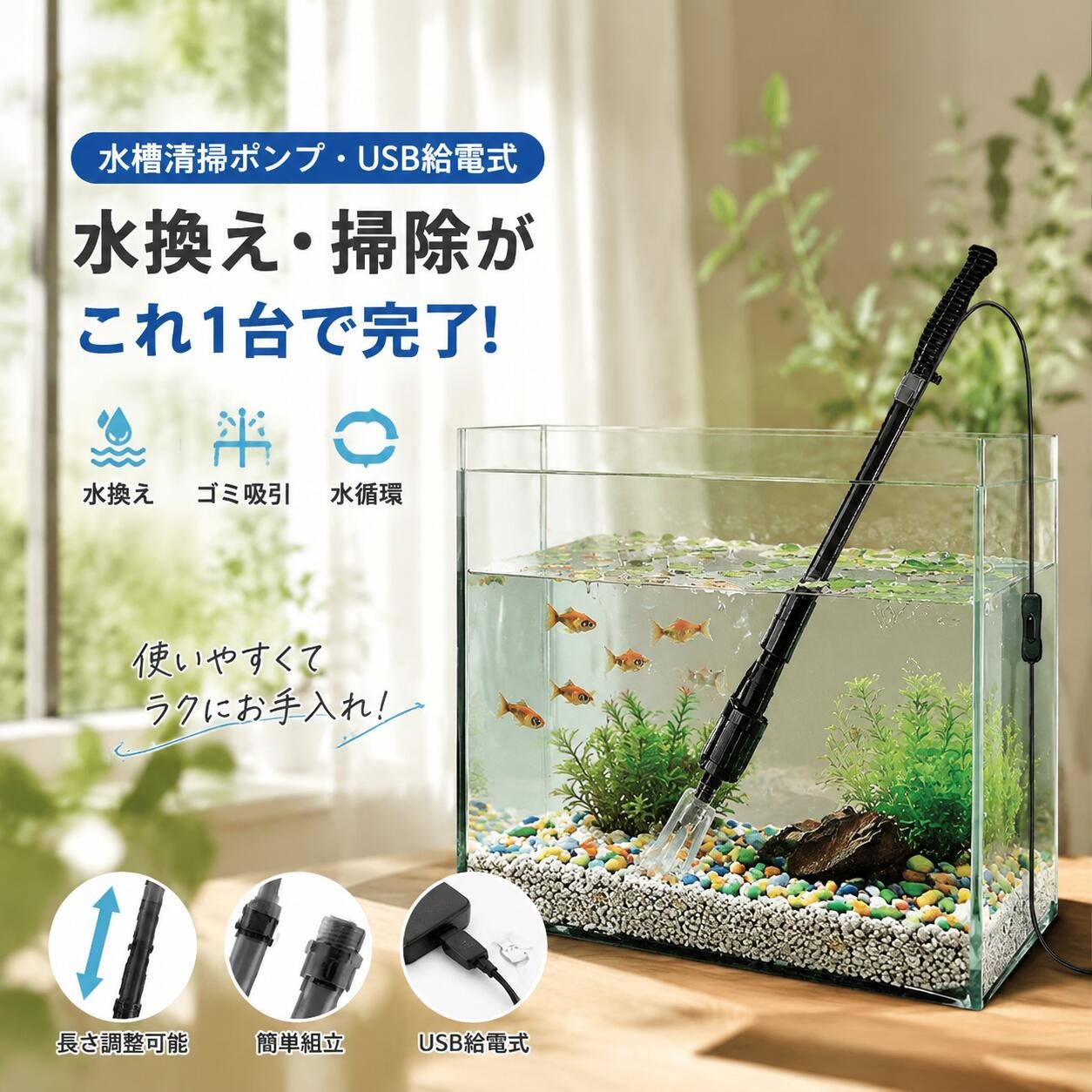 商品の特徴 【水槽用 電動水換えポンプ・USB給電式】 ◎3in1多機能設計水換え、砂利洗浄、水槽掃除の3つの機能を1台に集約しました。毎日の水槽メンテナンスをこれ1台で手軽かつ効率的に行えるため、作業の手間を大きく減らせます。 ◎専用ノズルでモード切替が簡単砂利洗浄ノズルと吸水ノズルを用途に合わせて使い分けることで、底砂にたまった餌の残りやフンなどをしっかり除去できます。細かな汚れまで対応しやすく、より清潔な環境を保ちやすくなります。 ◎USB給電（5V低電圧設計）で安全USB給電の5V低電圧設計なので、家庭用水槽はもちろん、オフィスや室内でも安心してお使いいただけます。初心者の方やご高齢の方でも扱いやすい、やさしい設計です。 ◎ブラシレスモーター搭載ブラシレスモーターを採用しているため、安定した動作を実現し、発熱しにくく長時間の使用にも対応します。さらに、市販品より小型の直径5.2cm設計で、取り回しのしやすさにも配慮しています。 ◎3節調節可能パイプ、最大約100cmまで延長可能パイプは3段階で調節でき、最大約100cmまで延長可能です。中型から大型水槽まで幅広く対応できるため、さまざまな飼育環境で活躍します。 ◎工具不要で簡単組み立て特別な工具を使わず、簡単に組み立てられる仕様です。初めての方でも扱いやすく、思い立ったときにすぐ使い始められる手軽さが魅力です。 ◎洗砂モードと排水モードを用途に合わせて選択洗砂モードではフィルターを装着し、水を水槽に戻しながら底砂を洗浄できます。排水モードではフィルターを外して、水と汚れをそのまま排出できるため、状況に応じて使い分けが可能です。 仕様と詳細 素材ABS＋PC、ステンレス（濾砂インターフェース） サイズ本体全長：最大約100cm（延長時）モーター直径：5.2cm 重量約953g 注意事項 ・簡易包装でお届けいたします。なるべくコミの出ない環境に優し簡易包装にて発送させて頂いております。配送時は丁寧に検品を行高品質な商品のお届けに努めます ・サイズ・重量は、多少の誤差が生じる場合がございます。 ・本製品には国の基準に適合する香料が使用されています。もし香りに敏感な場合は、換気の良い場所に 2 日間放置することで香りが薄れます。 ・手工測量と採寸方法違いより、1-3cmの誤差がございますので、ご了承ください。 ・画面上と実物では多少色具合が異なって見える場合もございますので、予めご了承下さい。 ・火気や高温の場所での保管は避けてください。 ・返品・交換は商品到着後、速やかにご連絡下さい（詳細はショップポリシー参照）。