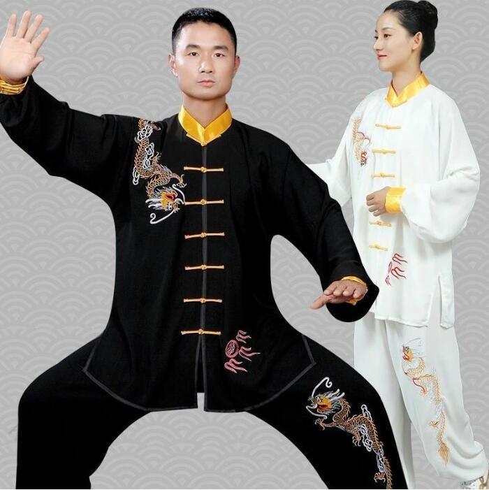 大人太極拳衣装 春夏秋向け 龍刺繍 ゆったりタイプ衣装 2色 大きめ上下2点セット レディース メンズ 男女兼要 中華コスプレ 長袖 武術