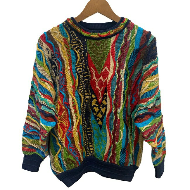 【中古】　limnos　セーター　ニット　トップス　立体　3D　ウール　総柄　ラグラン　オーストラリア製　古着