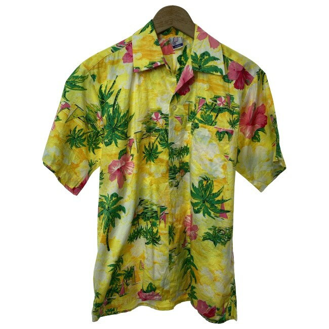 【中古】　KENSHO　アロハシャツ　半袖　トップス　オープンカラー　胸ポケット　総柄　ヤシの木　古着