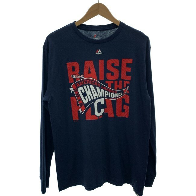 【中古】　Majestic　ロンT　長袖　トップス　クルーネック　プリント　クリーブランド・インディアンス　チャンピオンシップ　古着