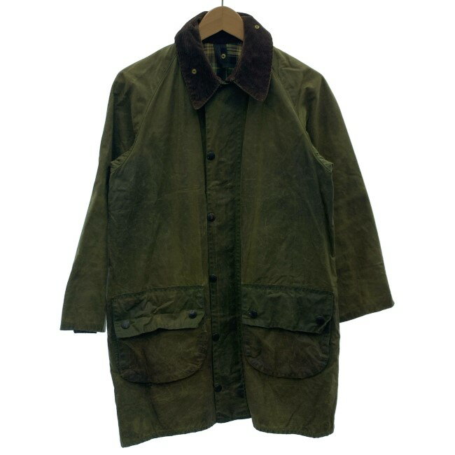 【中古】　Barbour　オイルドジャケット　ハンティングジャケット　襟コーデュロイ　無地　フロントポケット　イングランド製　古着