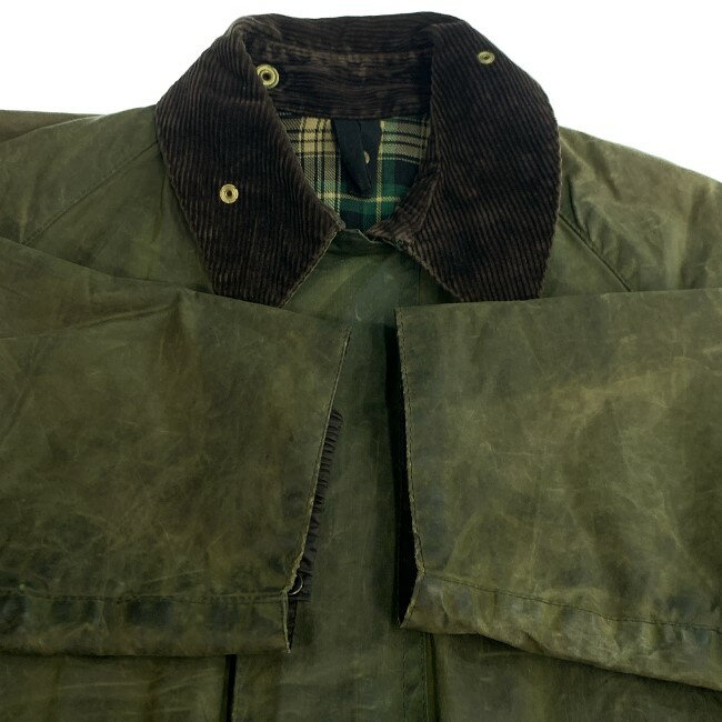 【中古】　Barbour　オイルドジャケット　ハンティングジャケット　襟コーデュロイ　無地　フロントポケット　イングランド製　古着