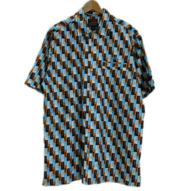 【中古】 FUBU 柄シャツ 半袖 シャツ トップス レギュラーカラー 胸ポケット 総柄 ブランドロゴ オーバーサイズ ストリート 古着
