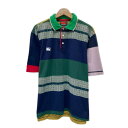 【中古】 CANTERBURY ポロシャツ 半袖 シャツ トップス ハーフボタン ボーダー マルチカラー クレイジーパターン ワンポイント ブランドロゴ 刺しゅう オーストラリア製 古着