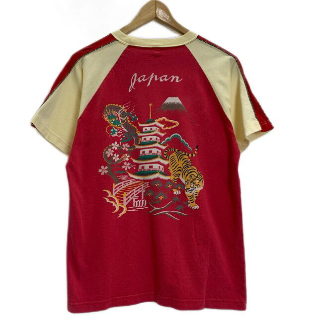 【中古】　PHERROW'S 匠　Tシャツ　半袖　カットソー　トップス　クルーネック　バイカラー　両面プリント　スカジャン風デザイン　和柄　トラ　龍　日本製　アメカジ　古着