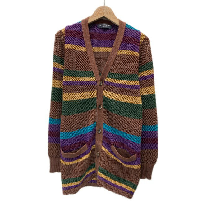 KEITA MARUYAMA HOMME カーディガンセーター 長袖 Vネック フルボタン ボーダー マルチボーダー メッシュ フロントポケット 日本製 古着