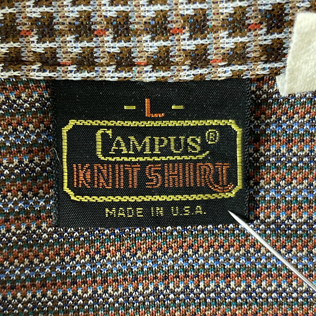 【中古】　CAMPUS KNIT SHIRT　ジャケット　70's vintage　アウター　オープンカラー　ポリエステル　総柄　千鳥格子　USA製　古着