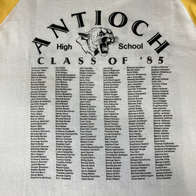 【中古】　Bantan　ラグランTシャツ　七分袖　カットソー　トップス　クルーネック　コットン　ポリエステル　バイカラー　プリント　ANTIOCH High School　USA製　古着