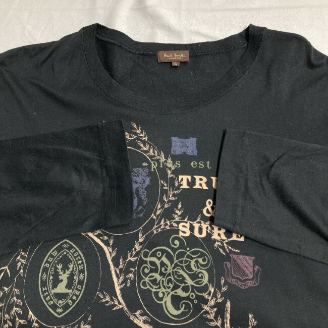 【中古】　Paul Smith　ロンT　長袖　カットソー　トップス　クルーネック　プリント　TRUE&SURE　エンブレム　日本製　古着