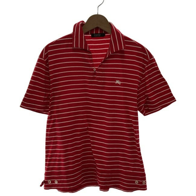 【中古】　BURBERRY BLACK LABEL　ストライプシャツ　半袖　シャツ　トップス　ボーダー　ワンポイント　ブランドロゴ　刺しゅう　古着
