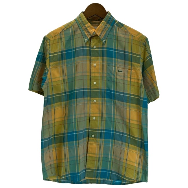 【中古】　LACOSTE　チェックシャツ　半袖　トップス　ボタンダウン　胸ポケット　ワンポイント　クロコダイル　刺しゅう　日本製　古着