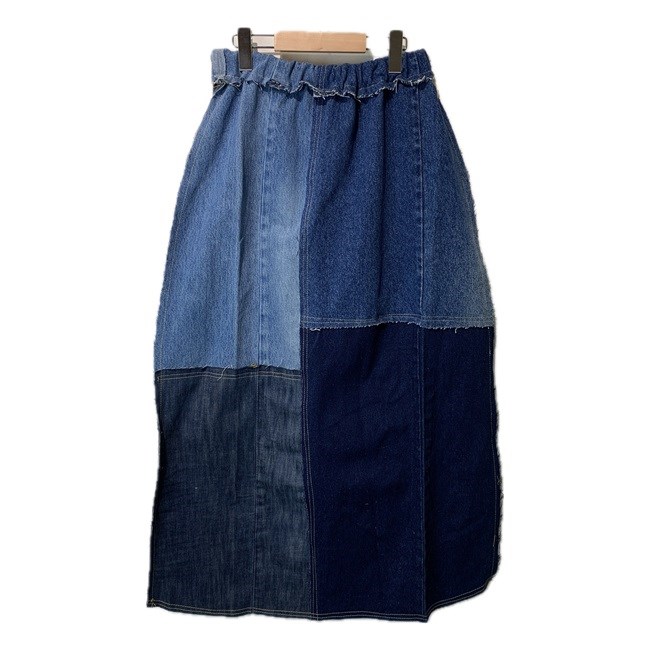 【中古】　Remake　スカート　ロング丈　デニム　ウエストゴム　パッチワーク　再構築　古着
