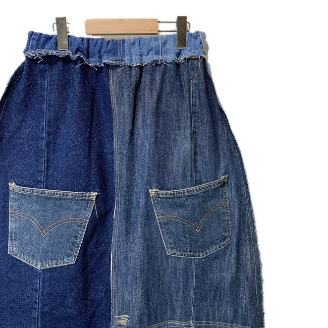 KINJIusedclothingの【中古】　Remake　スカート　ロング丈　デニム　ウエストゴム　パッチワーク　再構築　古着｜アングル3