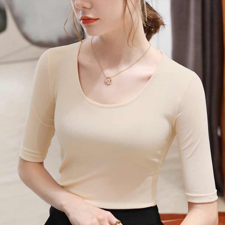 5分袖tシャツ レディース Uネック tシャツ 袖透け感 全13色 無地tシャツ カットソー タイト トップス ストレッチ 伸縮性 薄手 夏 通勤 オフィス キレイめ 30代 40代 50代