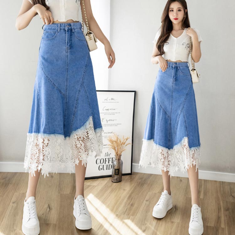 デニムスカート レース切り替え 花レース 着痩せ Aラインスカート フェミニン カジュアル スカート レース切り替えスカート 切り替え オシャレ アシンメトリー ハイウェスト 体型カバー 美脚 S M L XL
