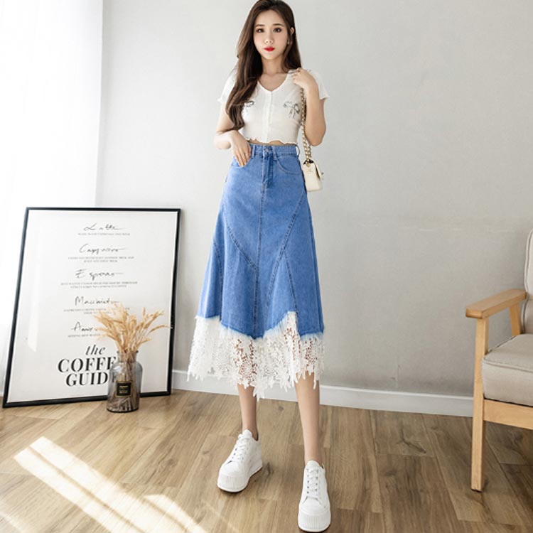デニムスカート レース切り替え 花レース 着痩せ Aラインスカート フェミニン カジュアル スカート レース切り替えスカート 切り替え オシャレ アシンメトリー ハイウェスト 体型カバー 美脚 S M L XL