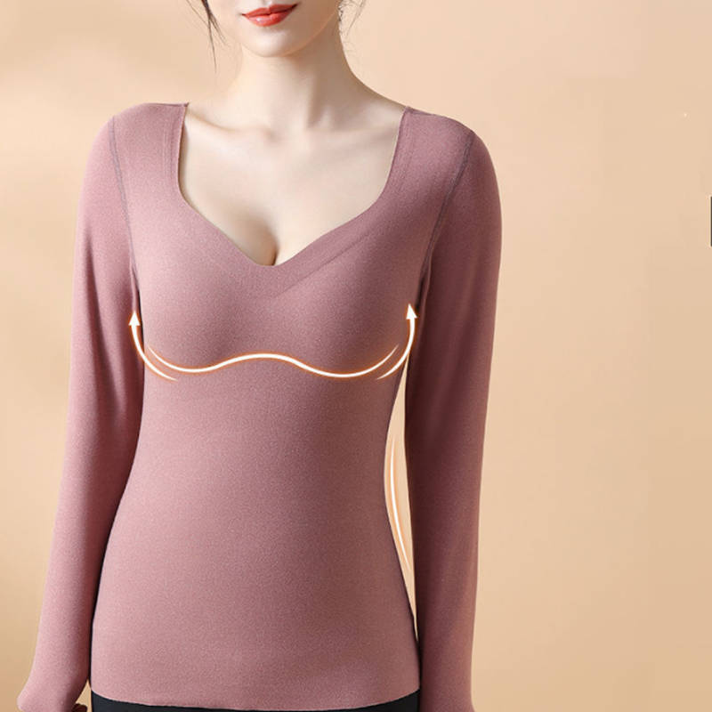 Long-Sleeved - トップス インナー インナー 長袖 裏起毛 カットソー カップ付き レディース Tシャツ パット付き 発熱トップス ストレッチ 肌着 暖かい