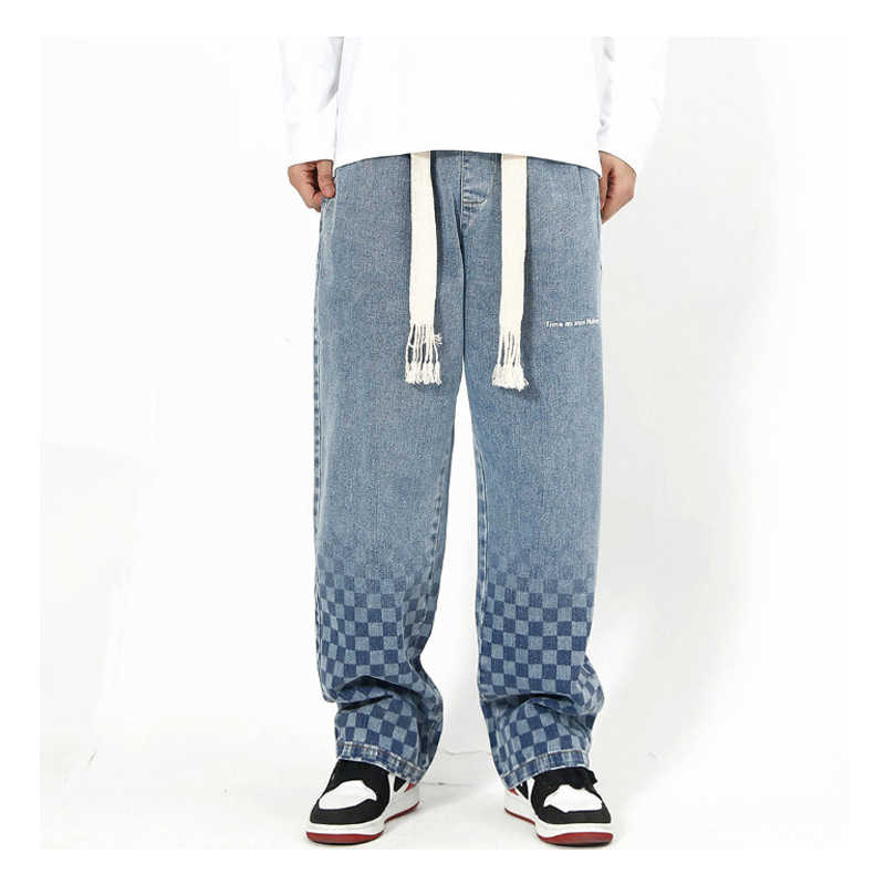 カジュアル チェッカーボード柄 シンプル ストレート ロングパンツ グラデーション ポケット付き メンズ ジーンズ デニムパンツ ワイドパンツ きれいめ ゆったり ファッション デニムパンツ 大きいサイズ 春 秋