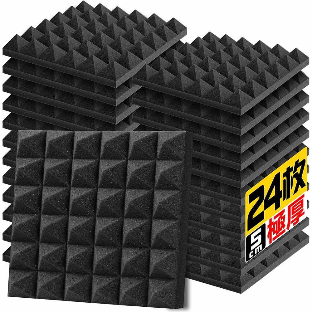 吸音材 30*30*5cm 極厚 ウレタンフォーム 吸音対策 室内装飾 楽器 消音 騒音 防音 吸音パネル （24枚）, 黒(ピラミッド形))