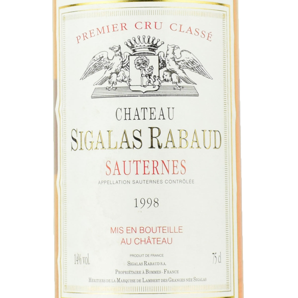 シャトー・シガラ・ラボー　1998　750ml　貴腐ワイン　ソーテルヌ　格付1級　 Sigalas Sauternes　デザートワイン