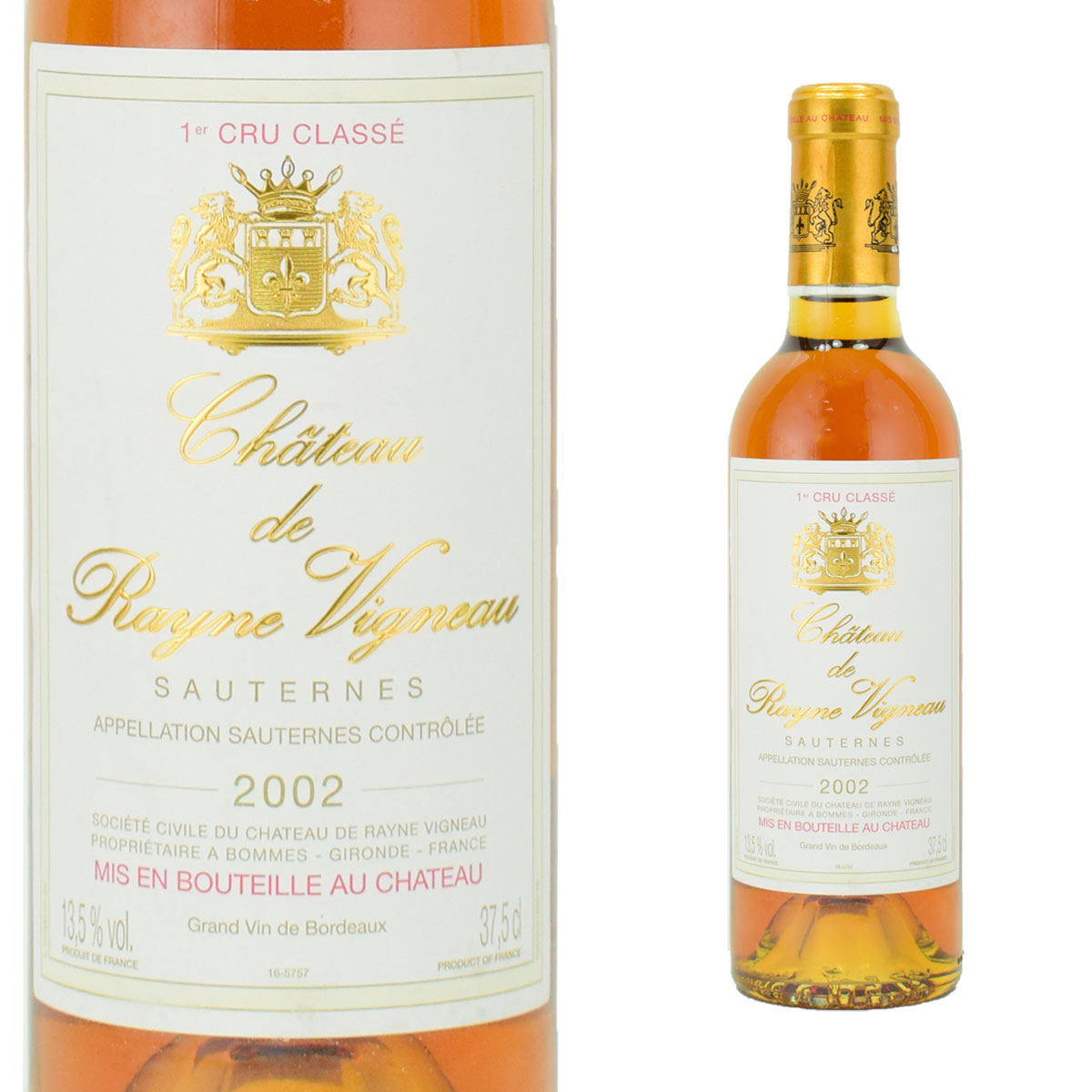 シャトー・ド・レイヌ・ヴィニョー　2002　375mlハーフボトル　貴腐ワイン　ソーテルヌ　格付1級　Chateau de Rayne Vigneau Sauternes　デザートワイン