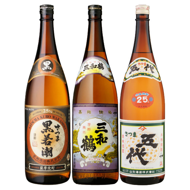 商品詳細 ■商品番号 216074 ■商品種別 芋焼酎 ■内容量 1800ml×3本 ■アルコール度数 25度 ■麹菌 黒麹 ■蒸留方法 常圧蒸留 ■メーカー その他 ■原材料 芋・米麹 コメント 鹿児島芋焼酎飲み比べセット　黒若潮・三和鶴・五代1800mlの3本セットになります。
