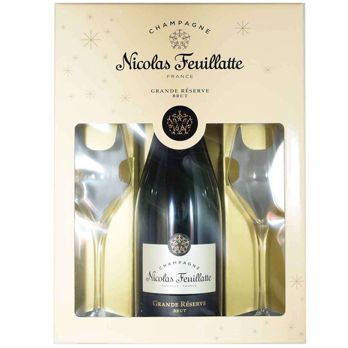 ［グラン・レゼルヴ］ブリュット 750ml泡 シャンパーニュ ニコラ・フィアット グラス2脚入りギフトボックスNicolas Feuillatte
