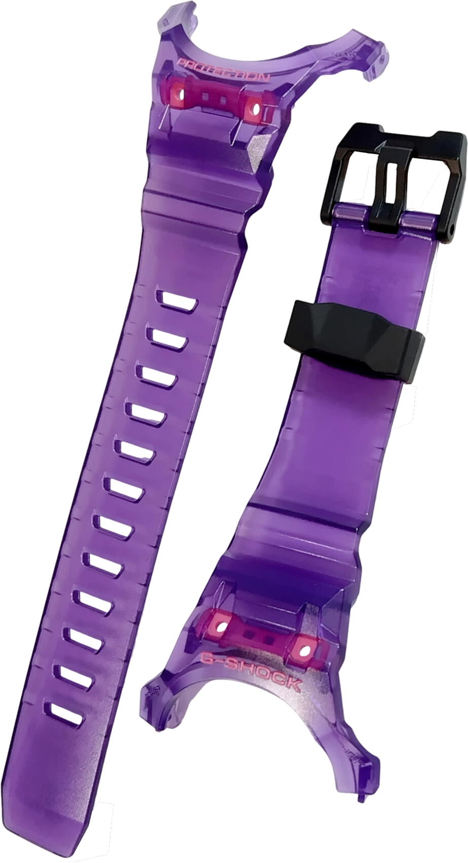 GA-B001用バンド（ベルト） 【取り寄せ品】 通常2～3日後（土日祝日、年末年始、お盆中を含みません。）の発送になります。 なお、メーカーで欠品の場合や生産完了の場合は、その旨ご案内をさせていただきます。 生産完了の場合はご注文を承れません。その際はあしからずご容赦ください。 ※取り寄せのため返品不可商品になります。 　お間違いのないようご注文くださいませ。 ※材質：ウレタン樹脂製 ※色：パープル（スケルトン） ※美錠色：黒 ※接続部品：付いていません。　