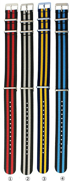 NATOタイプ　引き通しベルト カラフルな色彩が特長で、カジュアルなリストバンド感覚で使用頂けます。 ■材質： ナイロン・合成繊維 ■カラー 1．黒＋赤 2．黒＋グレー 3．ネイビー＋黄 4．黒＋青 ■サイズ： ・幅 18mm / 長さ 265mm / 腕回り適応サイズ 約15~23cm ・幅 20mm / 長さ 275mm / 腕回り適応サイズ 約15~24cm ・幅 22mm / 長さ 275mm / 腕回り適応サイズ 約15~24cm ■美錠 ： ステンレス（シルバー色のみ）　