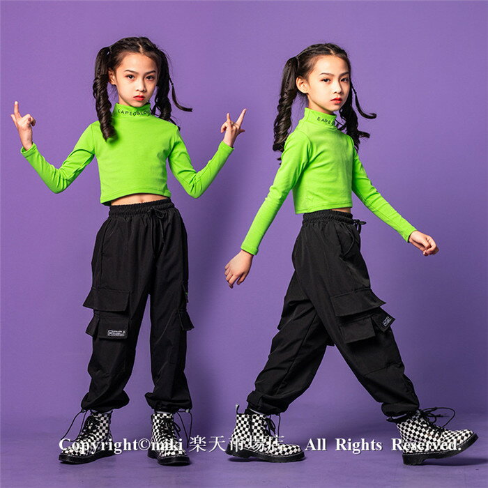 長袖 グリーン Tシャツ ダンスパンツ ヒップホップ ダンス衣装 トップス HIPHOP ダンス 衣装 キッズ 原宿系ダンス衣装 キッズダンス ヒップホップ ダンス 上下 女の子 ズボン ガールズ ジャッズ ヒップホップ 演出服 ダンスウェア ジュニア jazz DJ オシャレ