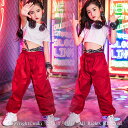 トップス タンクトップ サルエルパンツ ズボン キッズ ダンス衣装 ヒップホップ HIPHOP ダンストップス 女の子 ジャズダンス ステージ衣装 練習着 体操服 へそ出し キッズ タンクトップ キッズダンス衣装 セットアップ レッド ホワイト その1