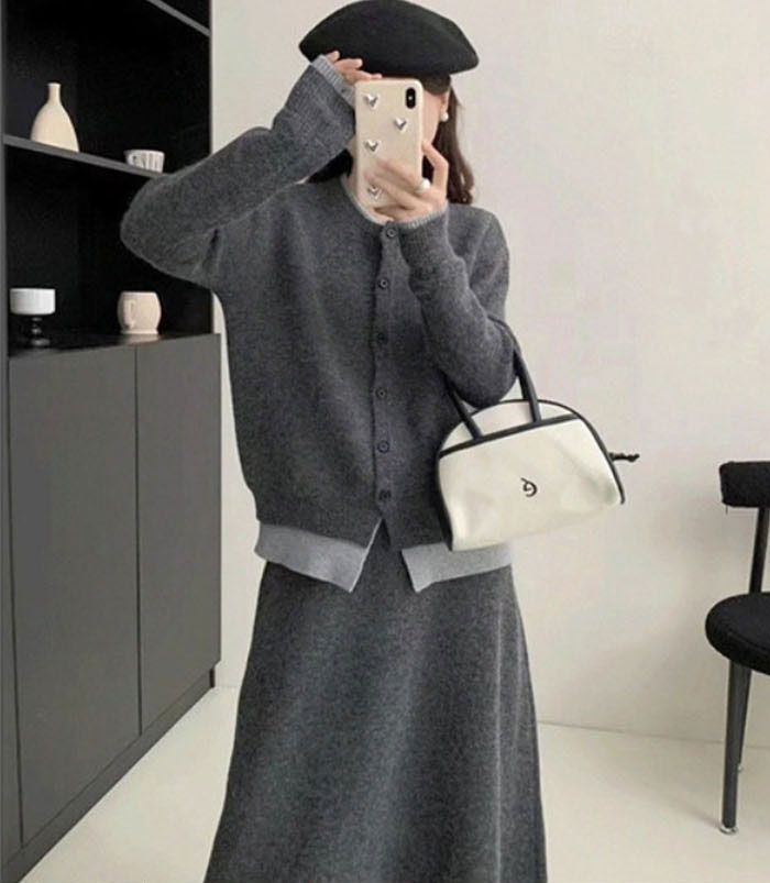 ニットセットアップ パンツ レディース レイヤード風 柔らかい セットアップ スカート スカートスーツ オーバー 秋冬 40代 30代 カジュアル 重ね着風 脚長効果 長袖 ゆったり 保温性 暖かめ 体型カバー 着?せ効果 無地 通勤 入園式 送料無料