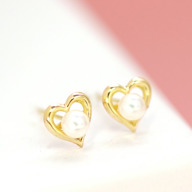 【3日以内出荷】セカンドピアス レディース 18K 軸太0.8mm 長さ12mm ゴールド・ラブレッサ 淡水パール 真珠 オープンハートモチーフ 可愛いピアス 18金 K18 スタッドピアス シンプル ポストが太いのサムネイル