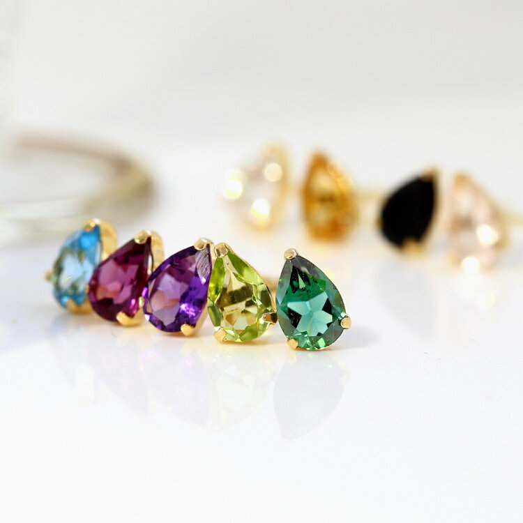 【3日以内出荷】セカンドピアス おすすめ レディース 18K 軸太0.8mm 長さ12mm 天然石 ゴールド・グランドルティア つけっぱなし 18金 K18 一粒 シンプル スタッドピアス 金属アレルギーフリー しずく型 カフェオリ 宝石のサムネイル