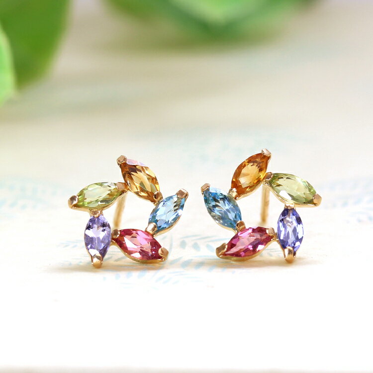 【7/26までクーポンで最大15％OFF】【あす楽対応】セカンドピアス レディース 18K 軸太0.8mm 長さ12mm マルチカラーストーン ゴールド・エクラント 18金 K18 スタッド 金属アレルギーフリー 天然石 ポストが太い 安心 ノンア