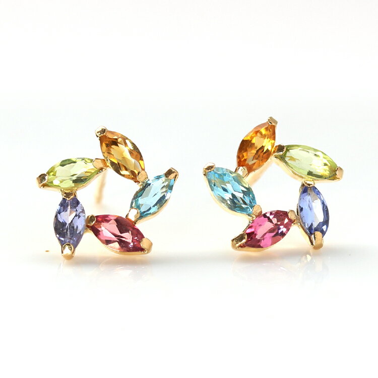 【7/26までクーポンで最大15％OFF】【あす楽対応】セカンドピアス レディース 18K 軸太0.8mm 長さ12mm マルチカラーストーン ゴールド・エクラント 18金 K18 スタッド 金属アレルギーフリー 天然石 ポストが太い 安心 ノンア