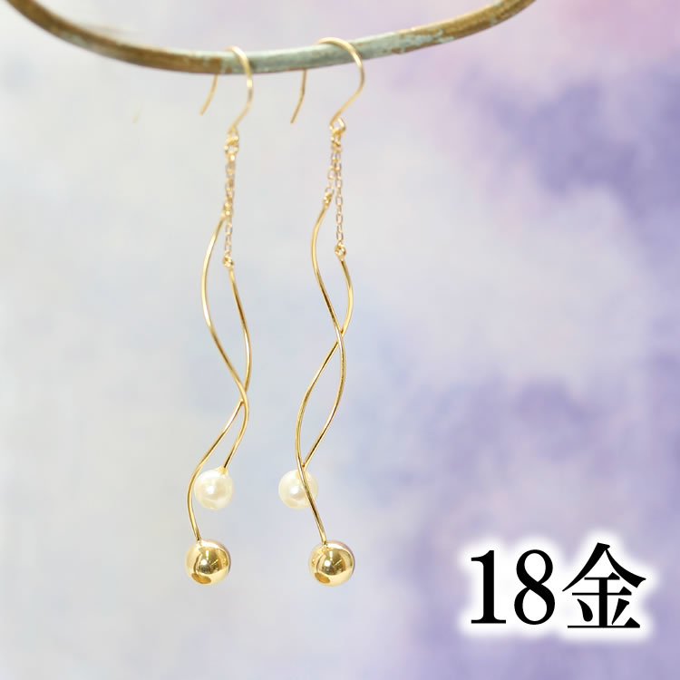 淡水パール カラーゴールドピアス レディース・クルーミン 18金 18K K18 揺れるフックピアスパール 淡水真珠 デザイン 冠婚葬祭 入学式 卒業式 入社式 参観日 華奢 シンプル 小粒 ぶらさがり 結婚式 アクセサリー ぶら下がり 大人 おしゃれ