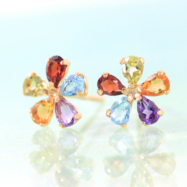 【あす楽対応】セカンドピアス レディース 18K 軸太0.8mm 長さ12mm マルチカラーストーン ゴールド・エクラントフラワー 18金 K18 スタッド 金属アレルギーフリー 天然石 ポストが太い 安心 ノンアレルギー クリスマスプレゼント 自分へのご褒美