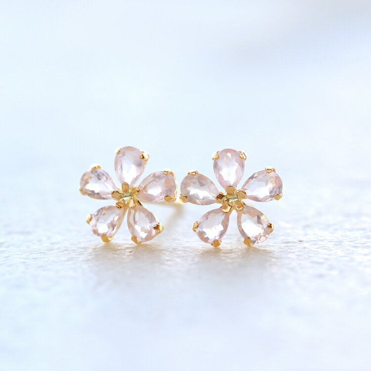 【あす楽対応】セカンドピアス 桜 レディース ローズクォーツ 18K 軸太0.8mm 長さ12mm ゴールド・エクラントチェリー 18金 K18 スタッドピアス 金属アレルギー対応 金属アレルギーフリー 天然 クリスマスプレゼント 自分へのご褒美