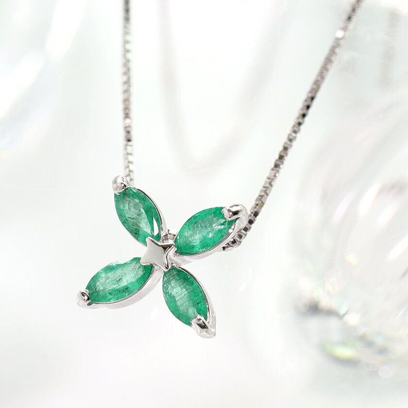 【あす楽対応】18金 エメラルド K18 ホワイトゴールドネックレス レディース ペンダント・エヴェレール 5月の誕生石 18K マーキスカット お花 誕生日プレゼント 華奢 シンプル ジュエリー ボタニカル柄 ブランド 宝石 クリスマスプレゼント 自分へのご褒美 天然石
