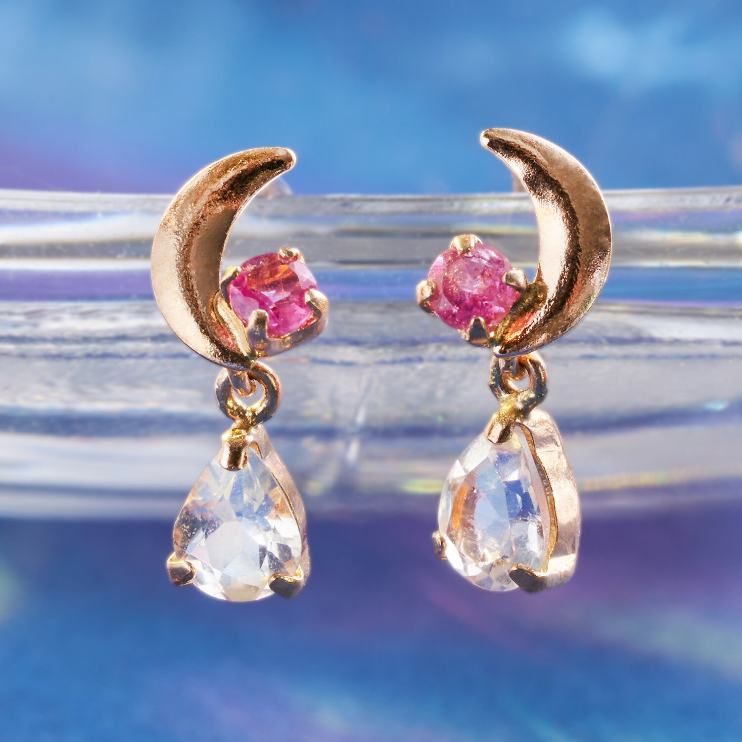 【3日以内出荷】三日月モチーフ ブルームーンストーン ピンクトルマリン K18 ピンクゴールド スタッドピアス ・マリーツァ 18K 18金 日本製のサムネイル