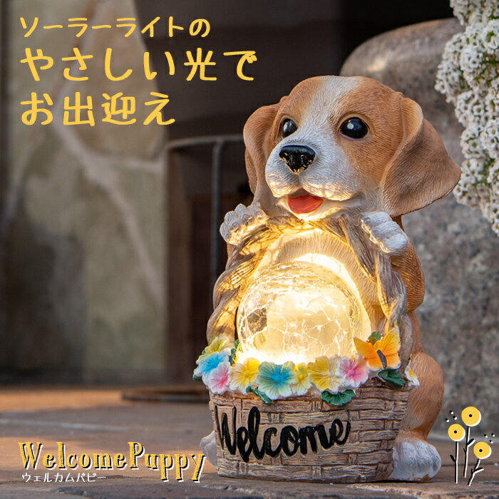 ガーデンライト Welcome Puppy（ウェルカムパピー）【保証120日】〔 ソーラーライト 犬 子犬 玄関 外 光る 置き物 オ…
